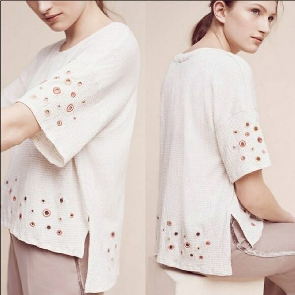 Anthropologie Postmark Catina Tan/White Striped Eyelet Top - Picture 2 of 6